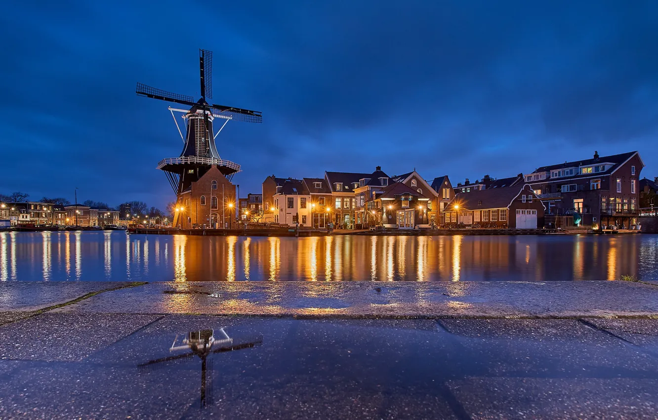 Photo wallpaper lights, the evening, Netherlands, Holland, blue hour, Haarlem