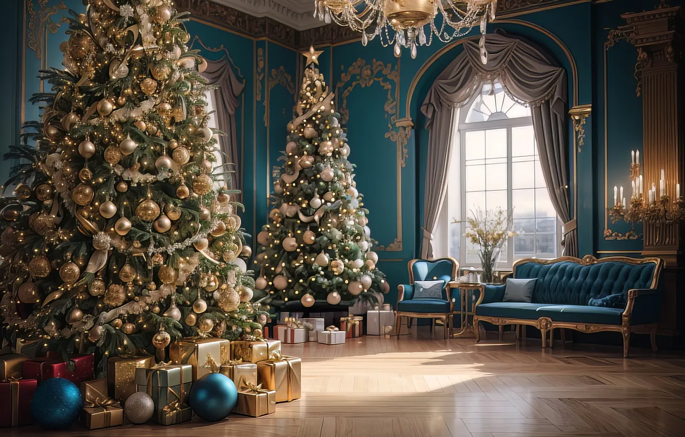 Photo wallpaper room, tree, interior, Christmas, New year, Christmas, view, tree