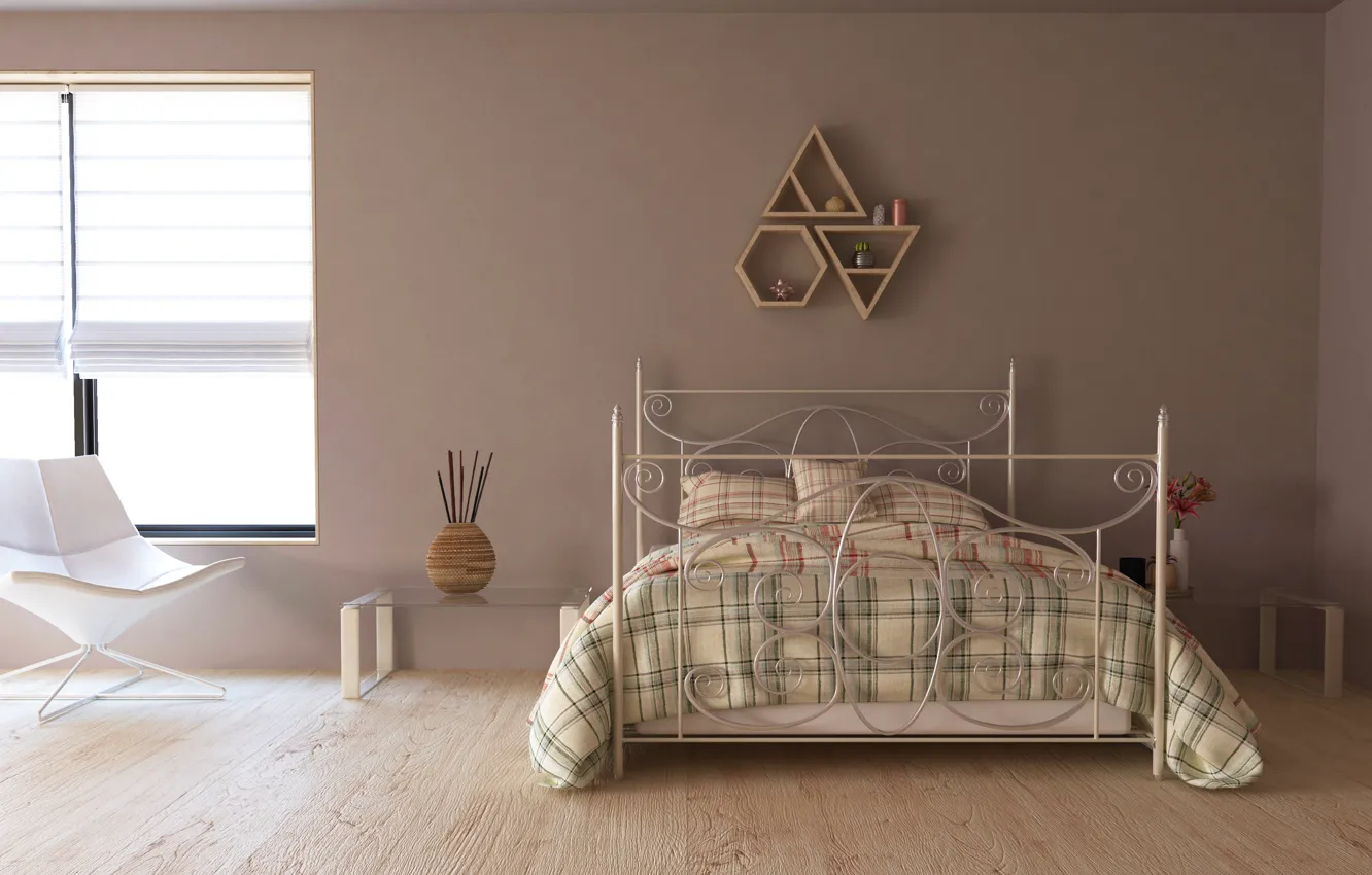 Photo wallpaper room, bed, pillow, window, chair, blinds, shelves