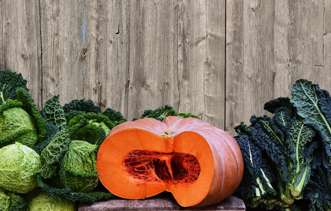 Photo wallpaper Board, harvest, pumpkin, vegetables, cabbage, cabbage leaves