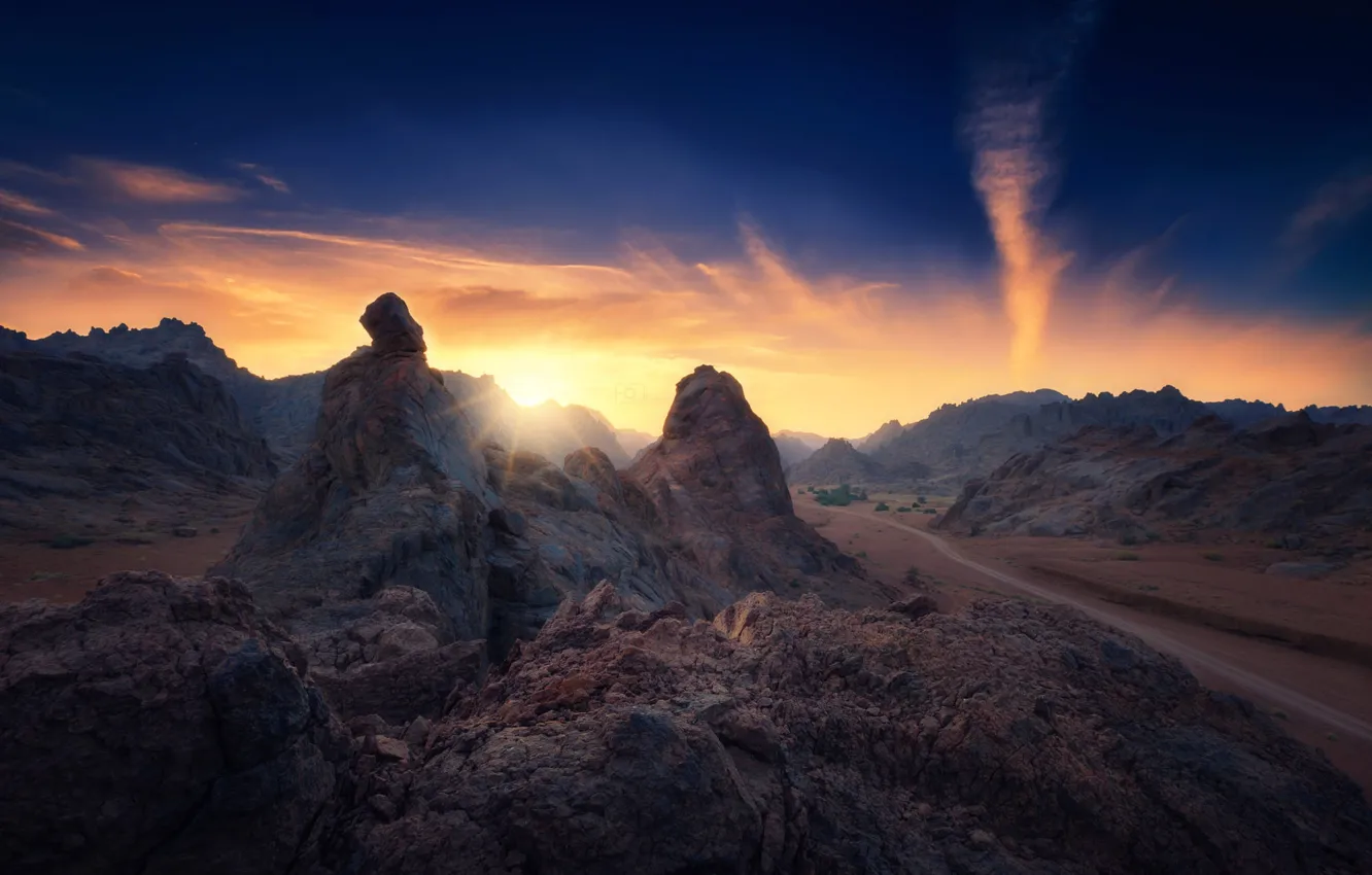 Photo wallpaper the sun, mountains, rocks, desert