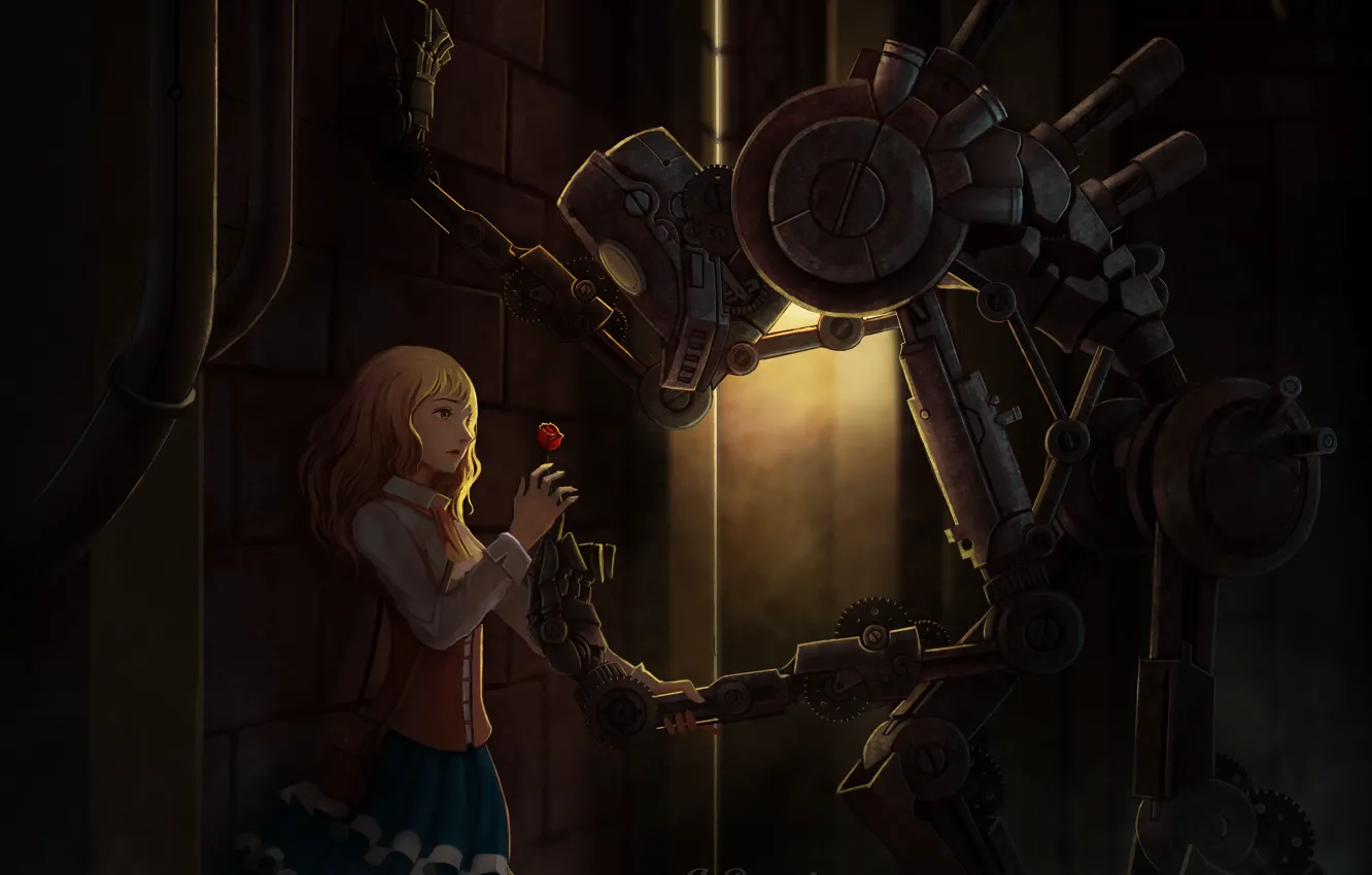 Photo wallpaper girl, flowers, promises, fiction, robot, lane