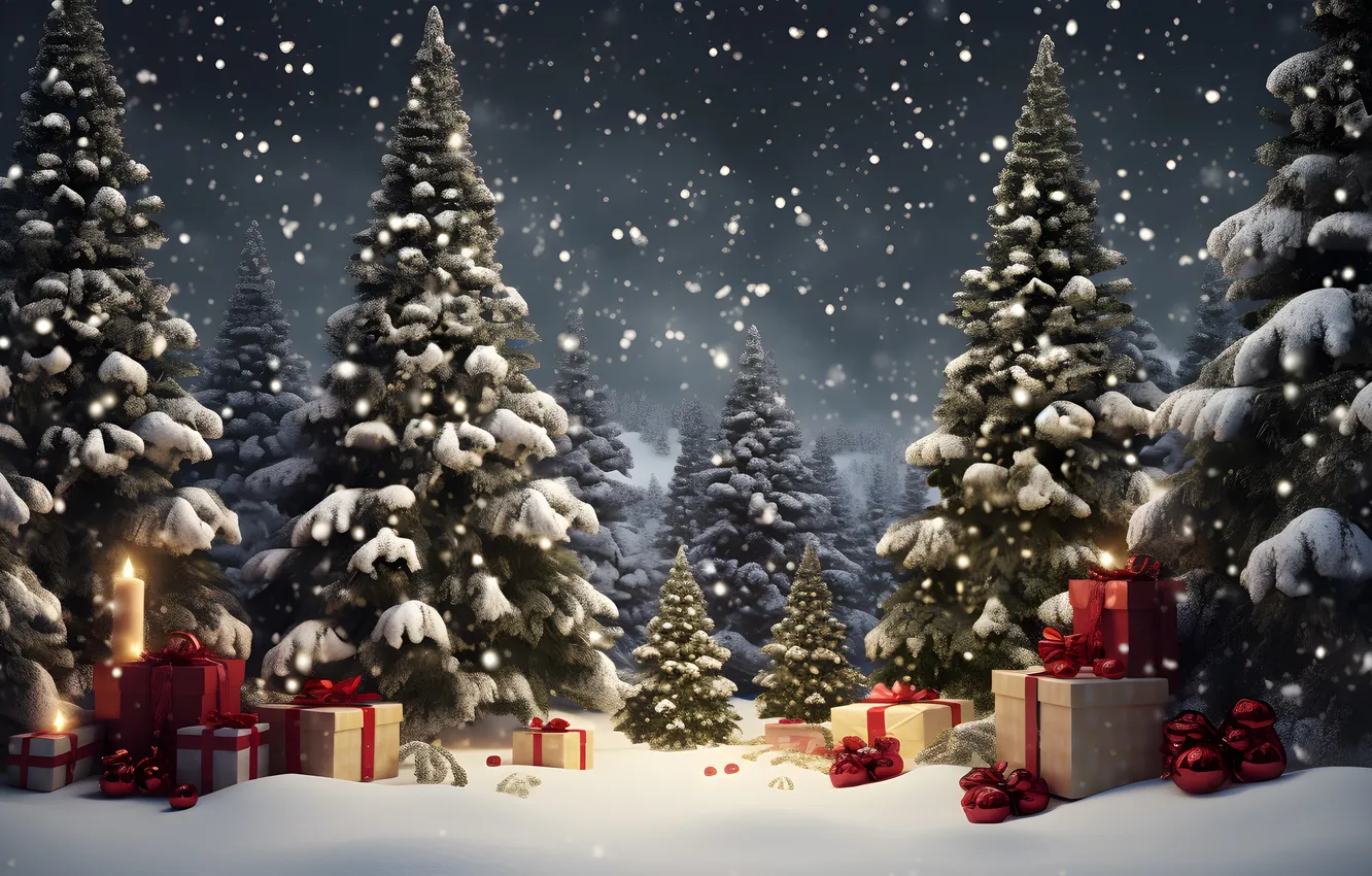 Photo wallpaper snow, decoration, night, gift, tree, new year, Christmas, Christmas