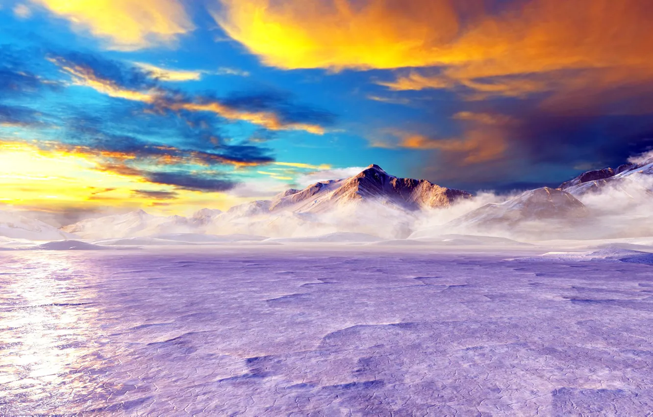 Photo wallpaper Sunset, Nature, Clouds, Mountains, Ice, North, The Talos Principle