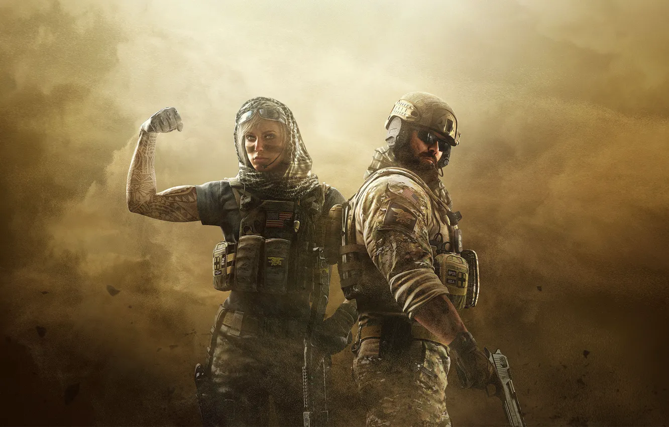 Photo wallpaper sand, girl, gun, weapons, storm, tattoo, glasses, helmet