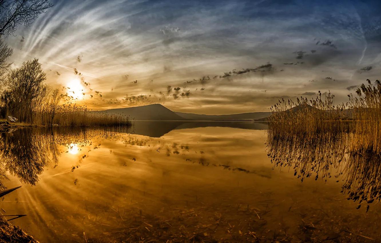 Photo wallpaper landscape, sunset, lake