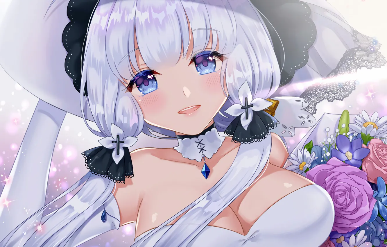 Photo wallpaper girl, sexy, cleavage, blouse, long hair, hat, boobs, anime