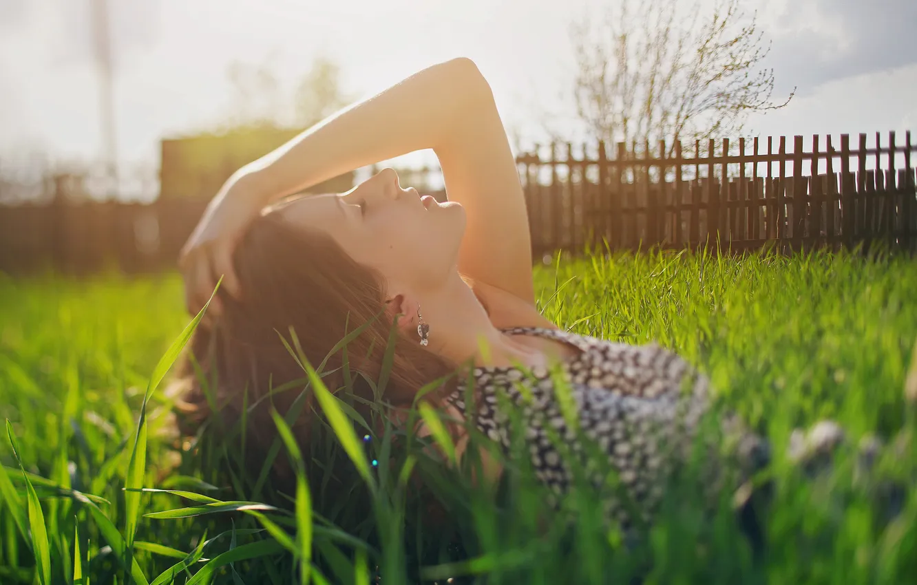 Photo wallpaper summer, grass, girl, profile, brown hair, earrings