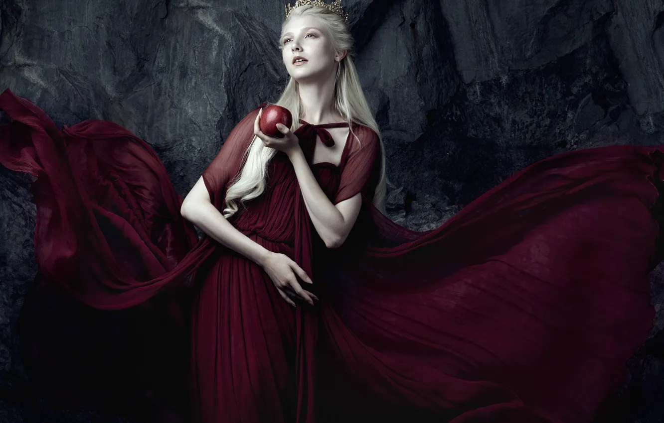 Photo wallpaper girl, pose, style, mood, apples, crown, hands, dress