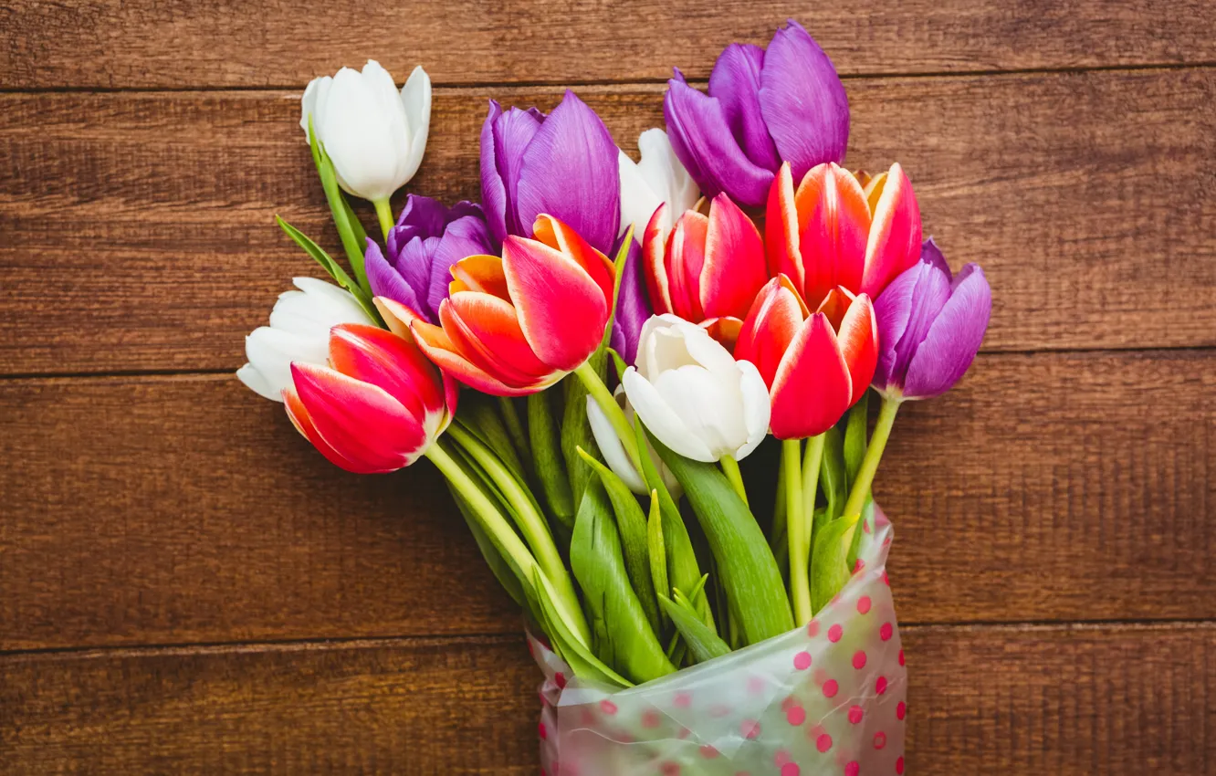 Photo wallpaper flowers, bouquet, colorful, tulips, red, white, wood, flowers