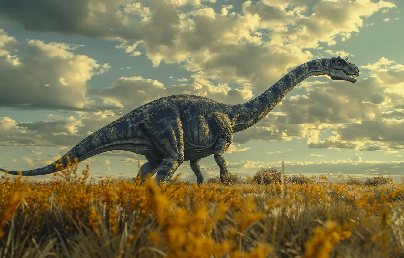 Photo wallpaper clouds, flowers, animal, dinosaur, tail, neck, digital art, Ancient animals