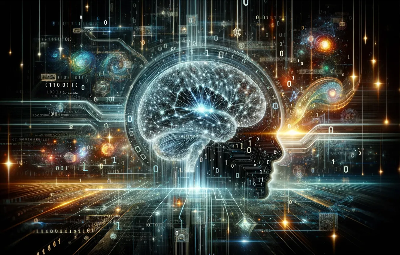 Photo wallpaper head, galaxy, neurons, formula