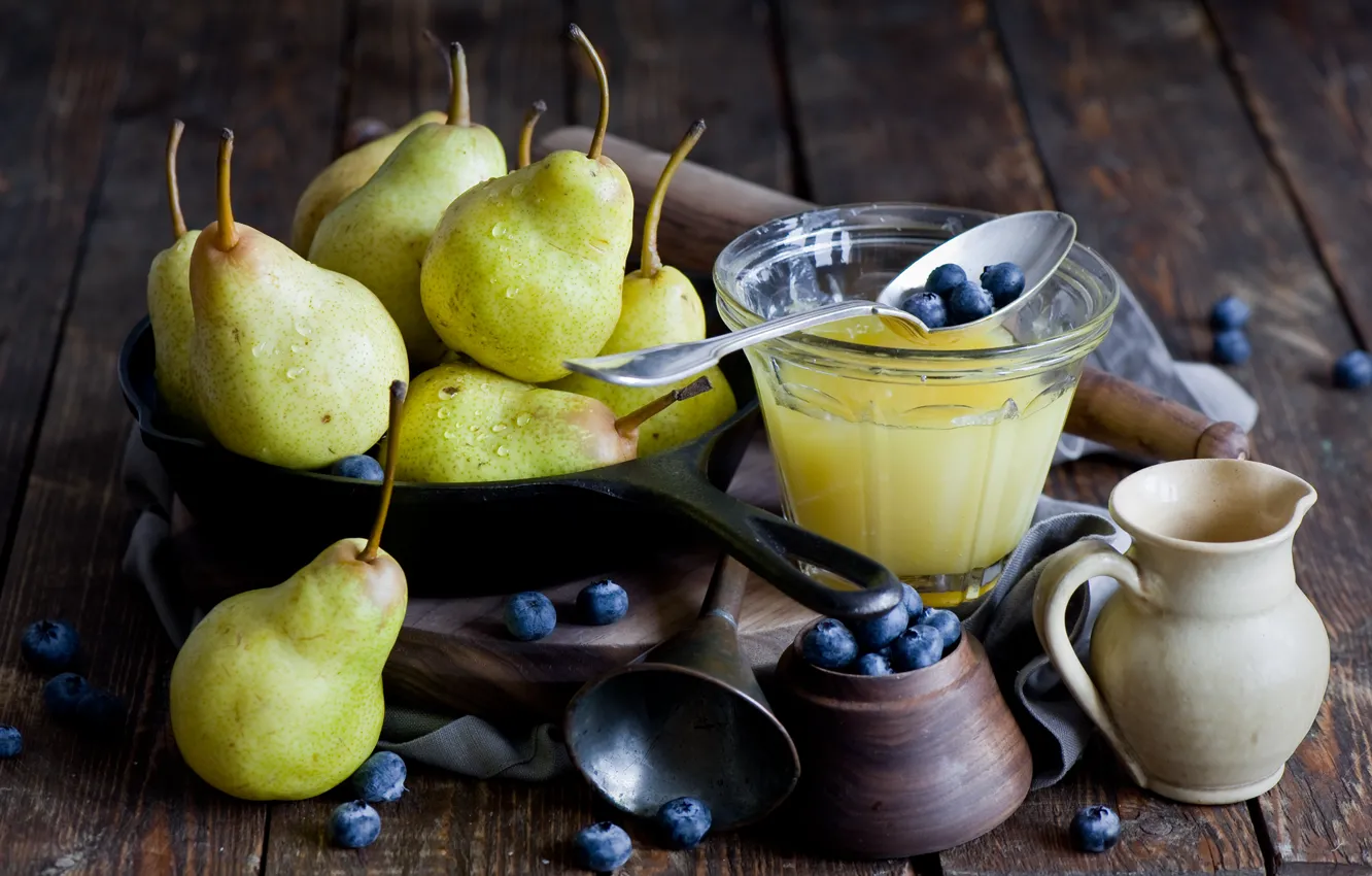 Photo wallpaper photo, Glass, Fruit, Spoon, Honey, Food, Pear, Blueberries
