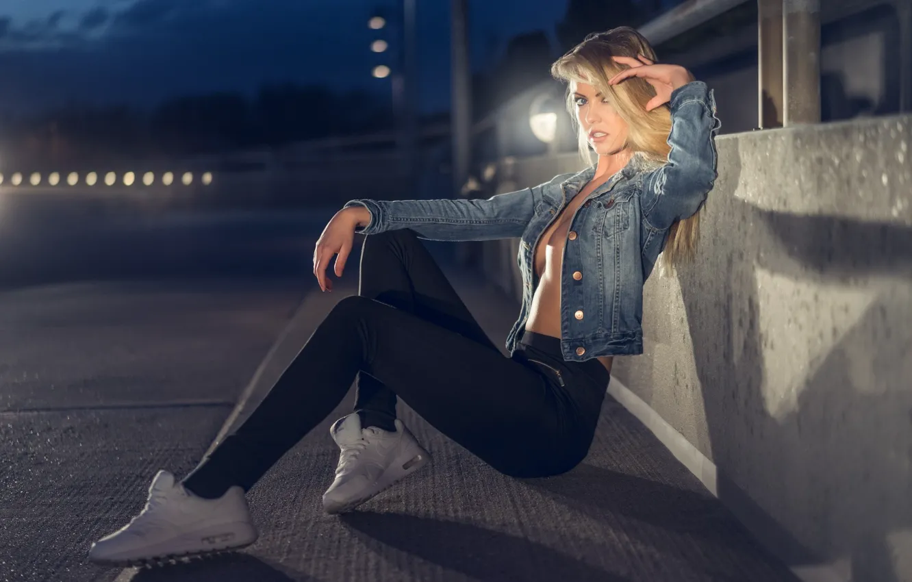 Photo wallpaper girl, jeans, Denim, cute, sneakers