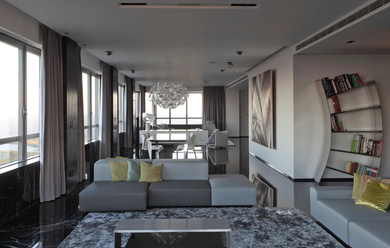 Photo wallpaper interior, living room, dining room, pretty gray modern