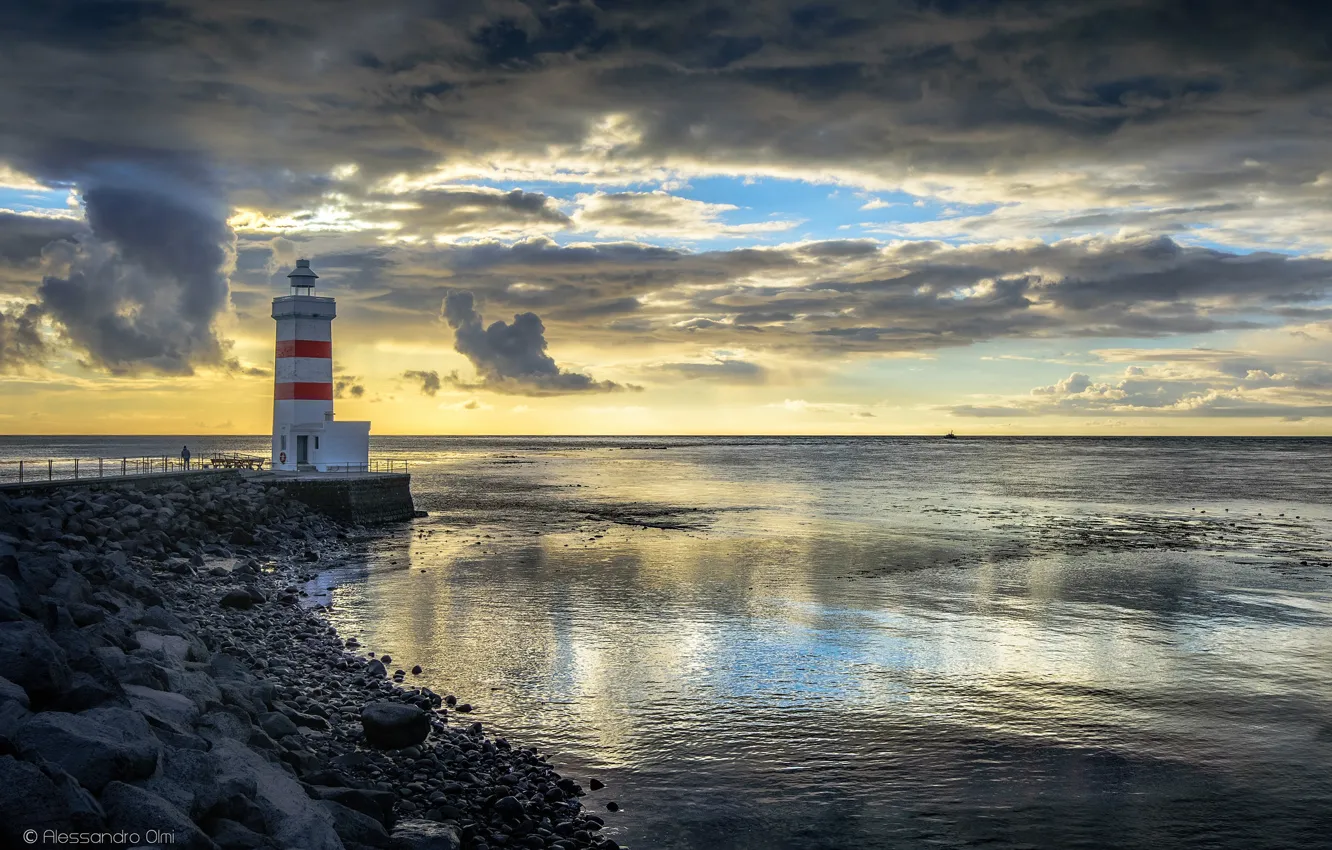 Photo wallpaper sea, clouds, coast, lighthouse, Iceland