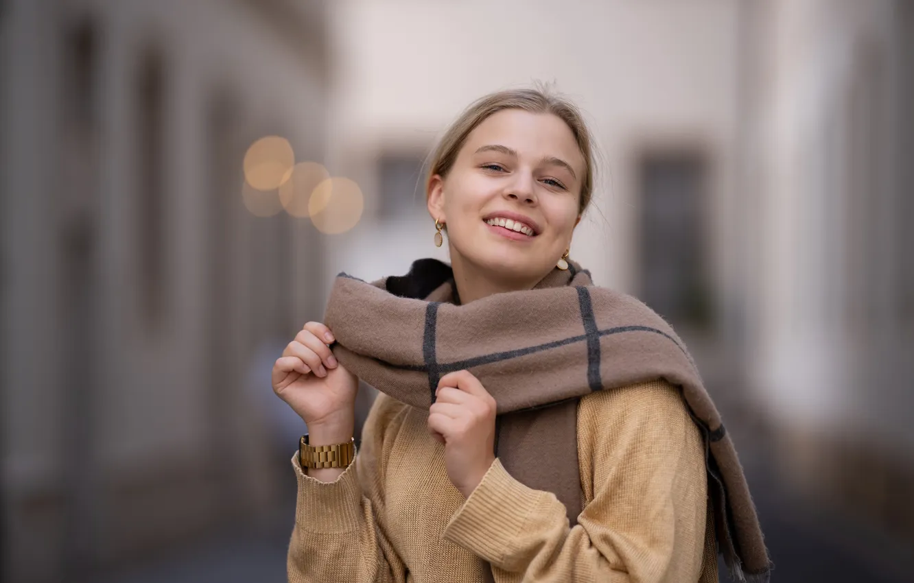 Photo wallpaper look, girl, pose, model, portrait, makeup, scarf, hairstyle