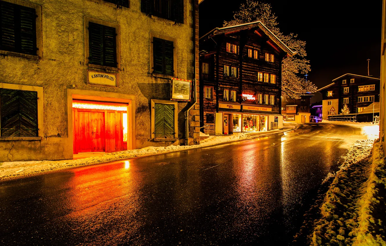 Photo wallpaper winter, road, snow, night, lights, street, home, Switzerland