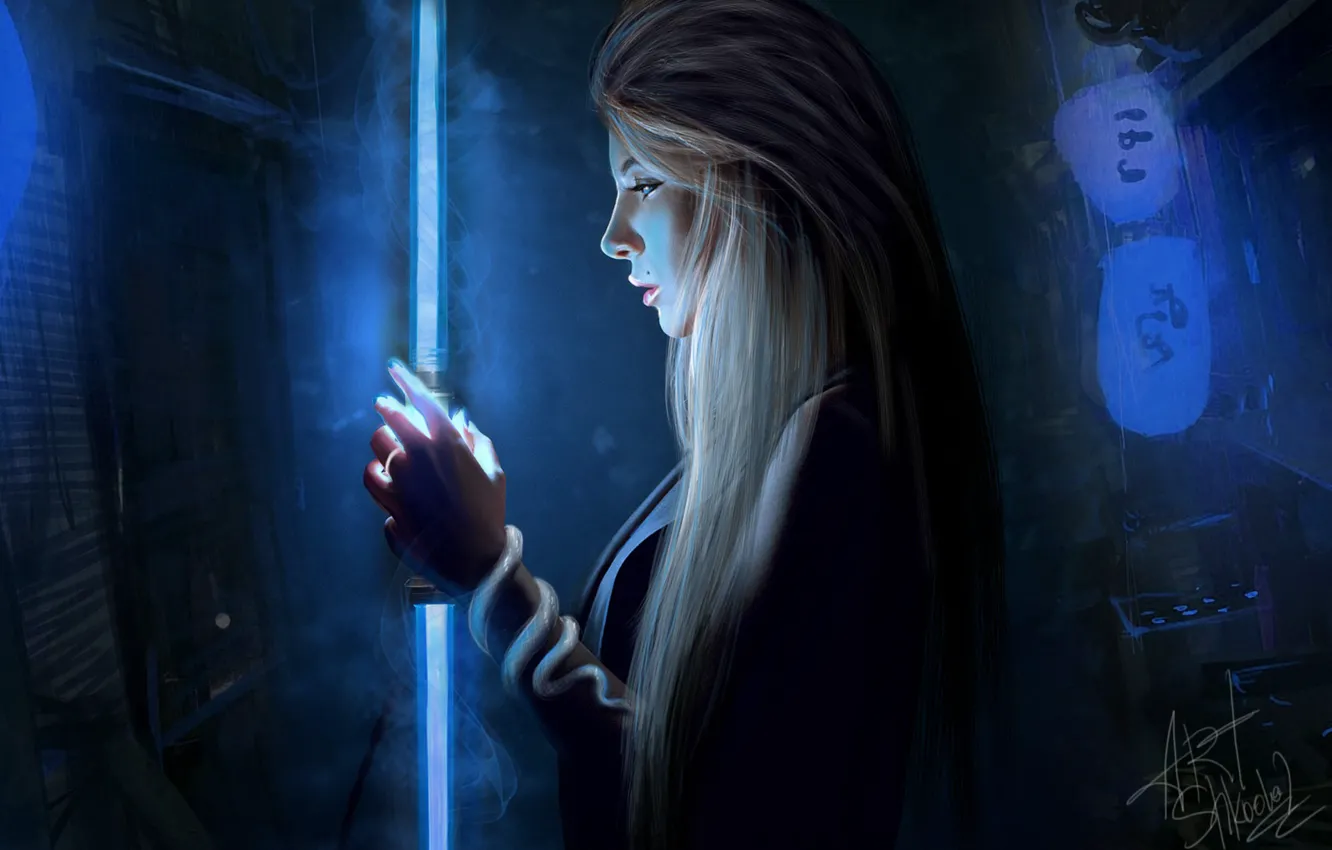 Photo wallpaper girl, night, sexy, lamp, neon, art, girl, fantasy