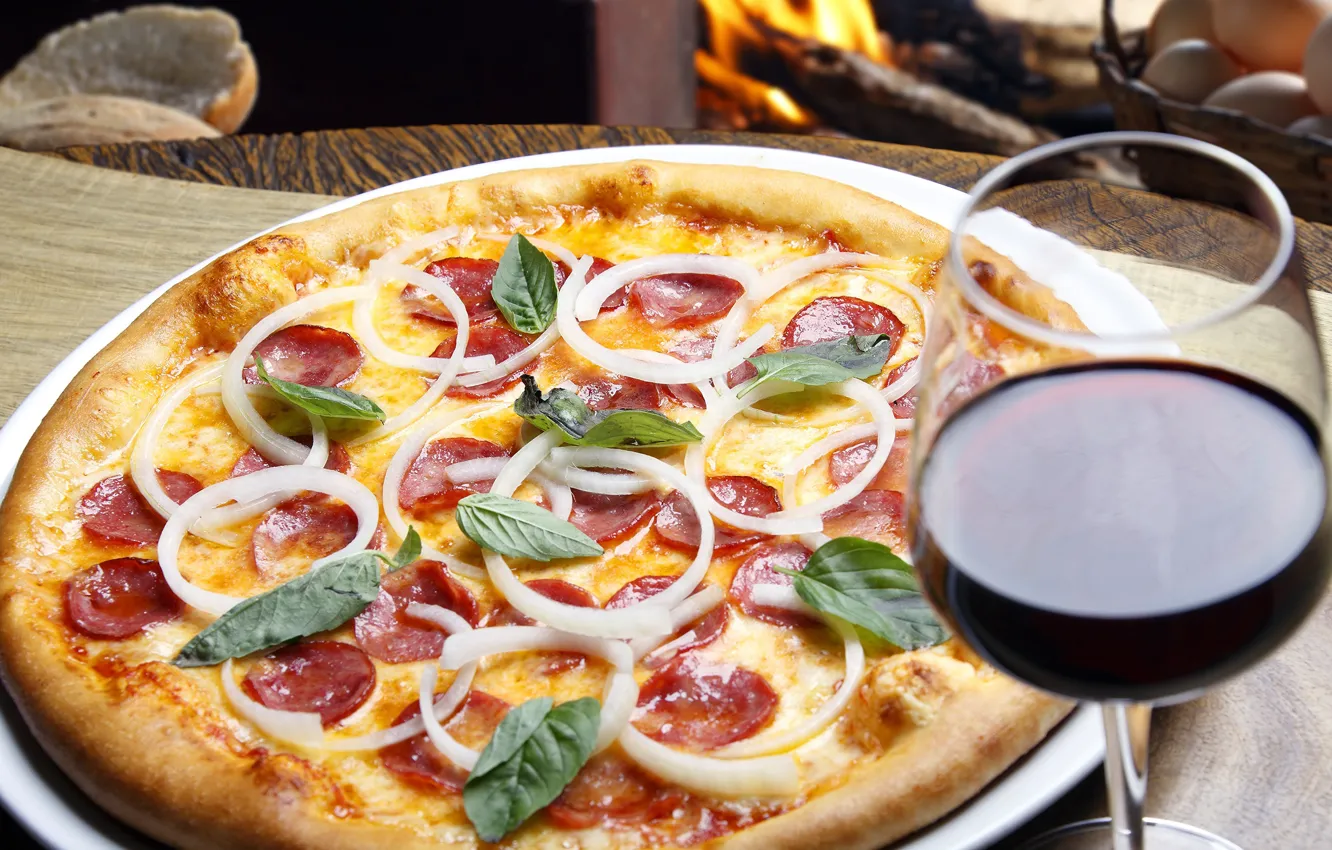 Photo wallpaper wine, cheese, leaf, pizza, sausage