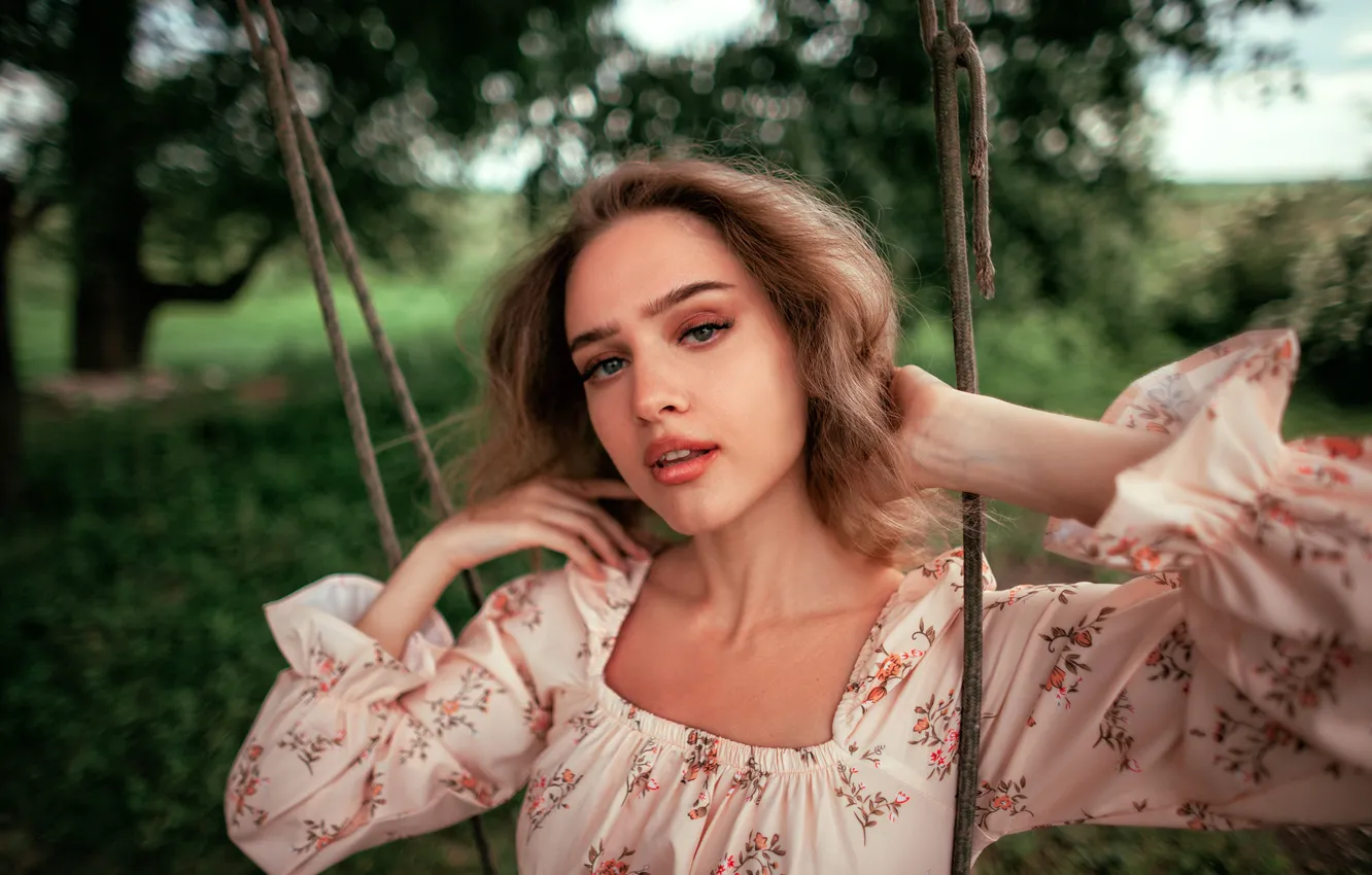 Photo wallpaper look, nature, pose, swing, model, portrait, makeup, dress