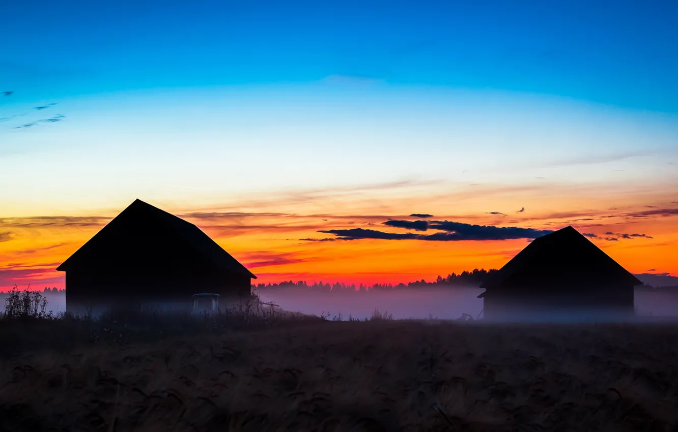 Photo wallpaper sunset, fog, home