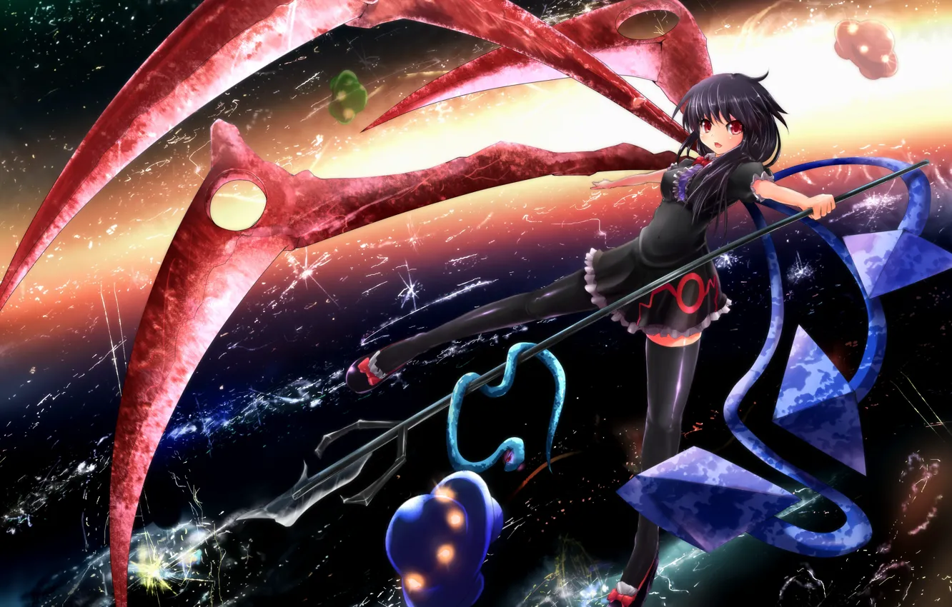 Photo wallpaper girl, space, weapons, wings, UFO, anime, art, Trident