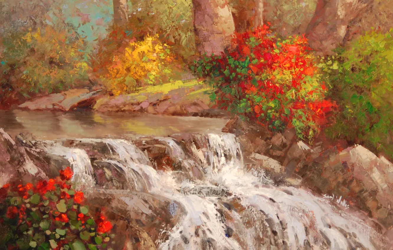 Photo wallpaper water, trees, river, waterfall, art, the bushes