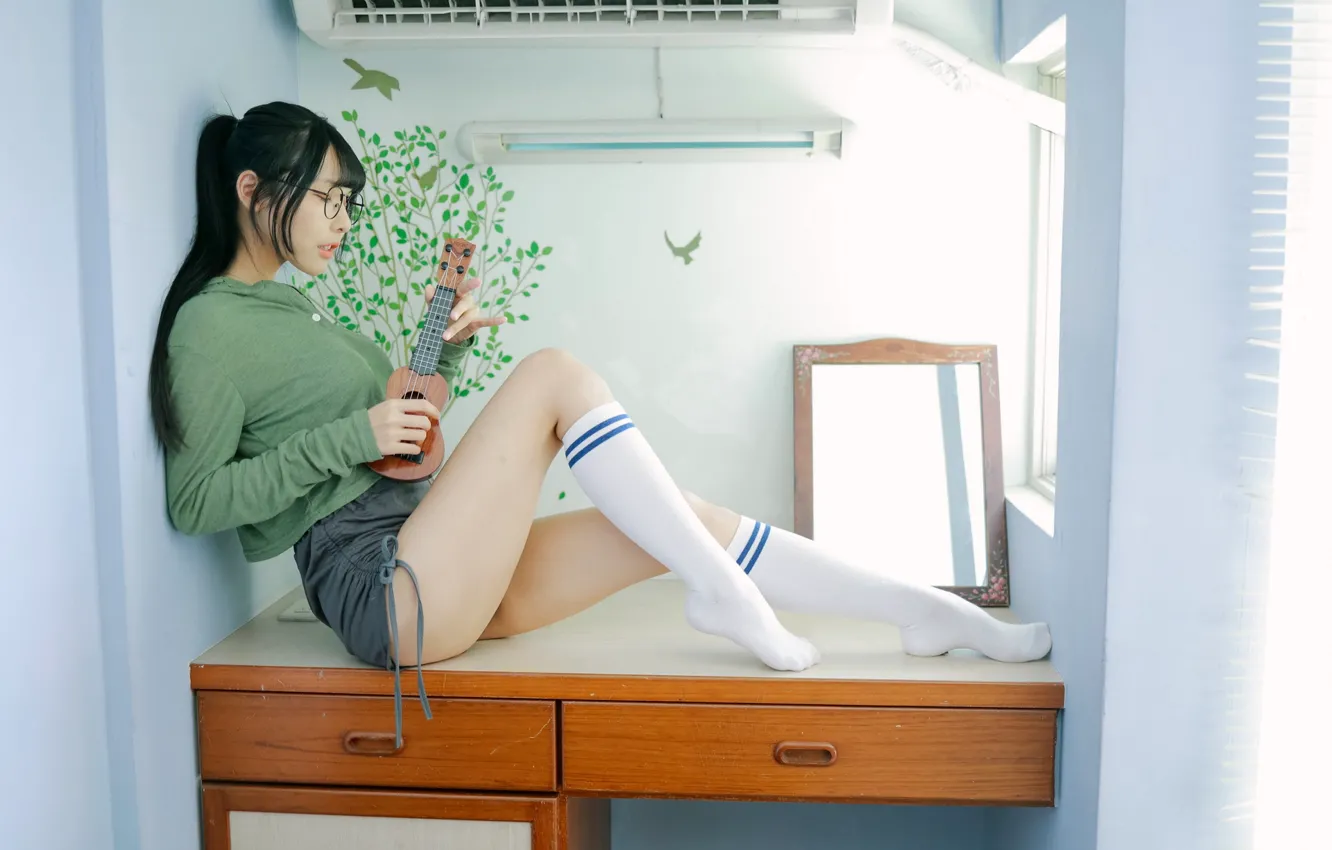 Photo wallpaper Asian, long hair, legs, ponytail, model, women, sitting, dark hair