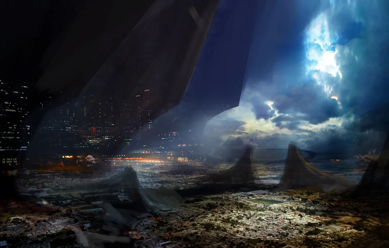 Photo wallpaper clouds, night, the city, lights, rocks, art