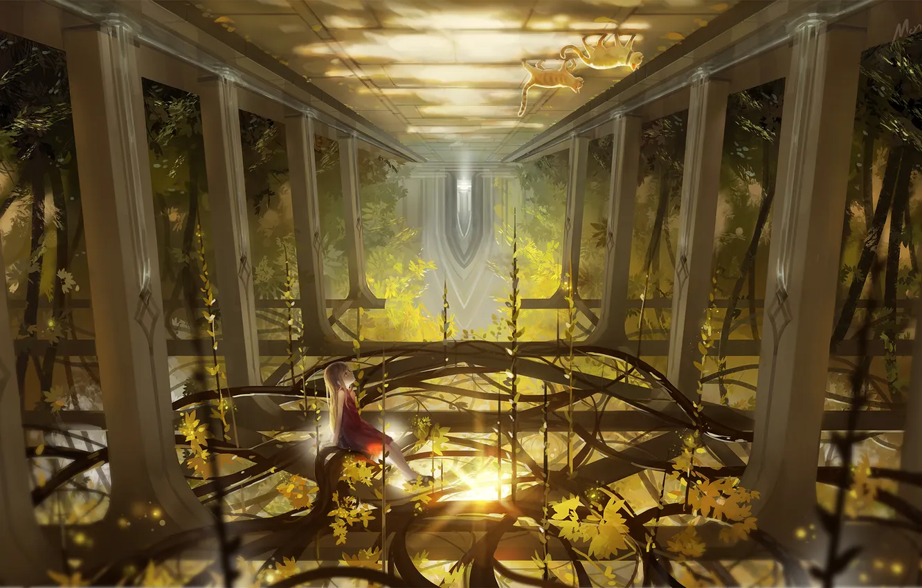 Photo wallpaper cat, the sun, girl, sitting, art, vines, MONONO