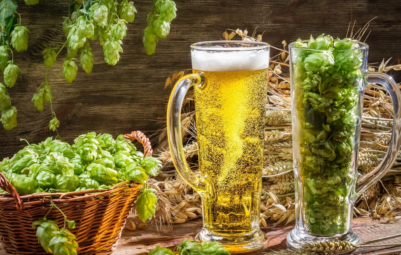 Photo wallpaper basket, glass, beer, ears, hops