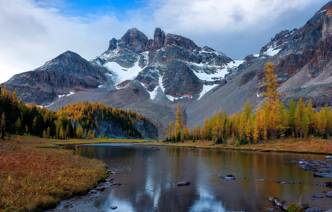 Photo wallpaper Canada, river, autumn, mountains, snow