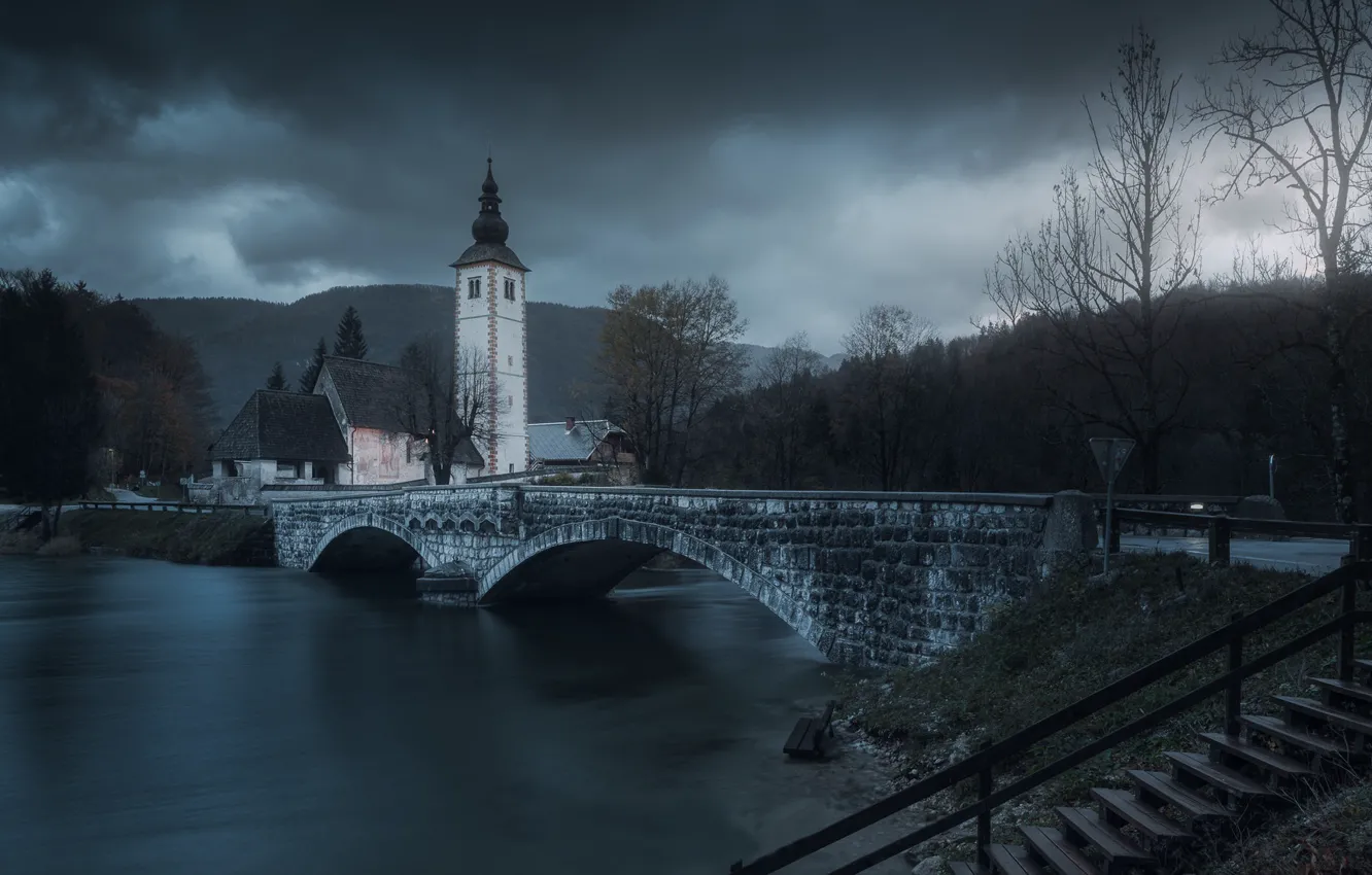 Photo wallpaper trees, bridge, lake, ladder, Church, monochrome, Slovenia, Slovenia