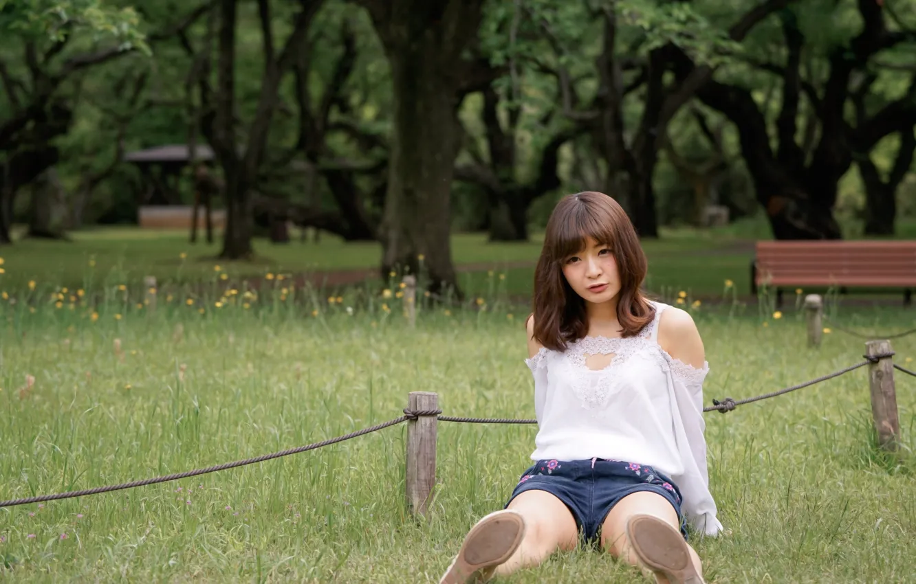 Photo wallpaper girl, shorts, blouse, long hair, beautiful, pretty, garden, woods