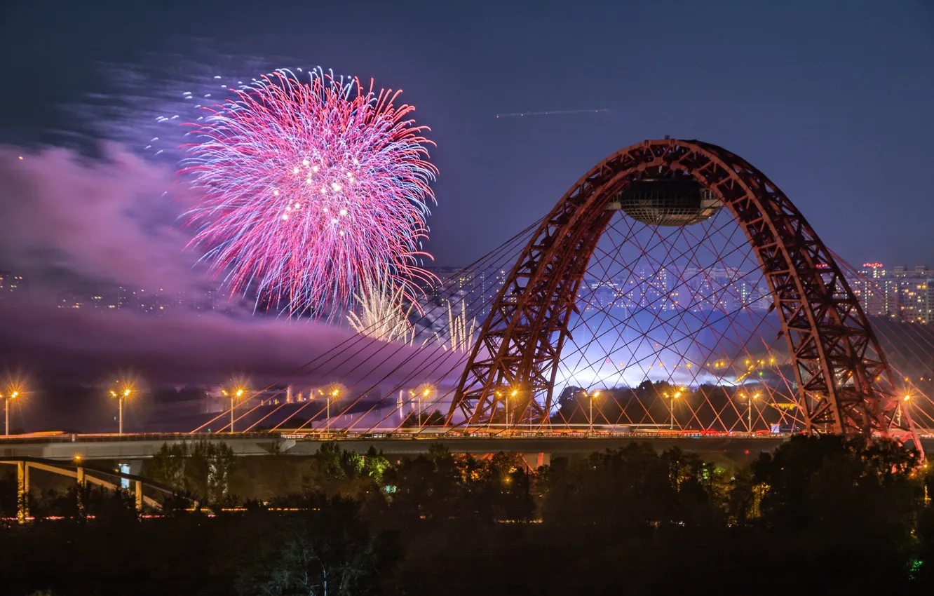 Photo wallpaper bridge, the city, river, salute, the evening, Moscow, festival, scenic