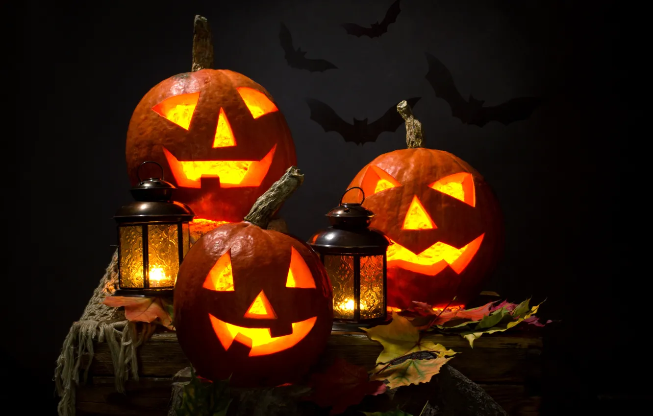 Photo wallpaper autumn, leaves, night, candles, lights, Halloween, pumpkin, bats