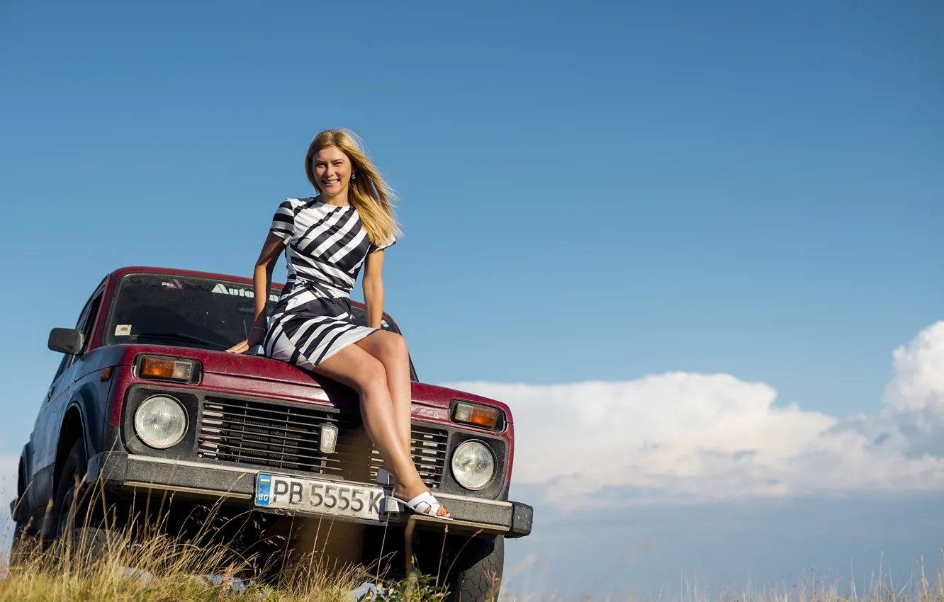 Photo wallpaper girl, smile, dress, blonde, car, sandals, Ivan Georgiev