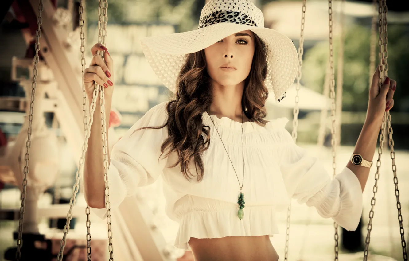 Photo wallpaper girl, swing, outfit, pendant, hat