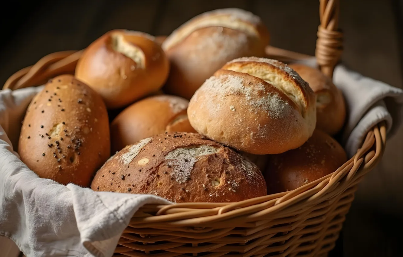 Photo wallpaper bread, basket, cakes, AI art