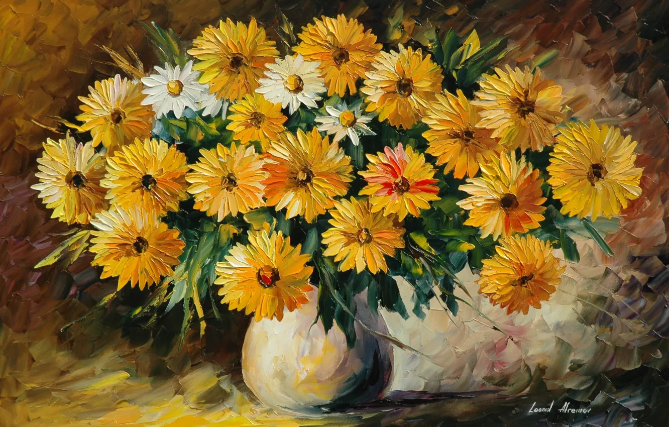 Photo wallpaper flowers, bouquet, vase, painting, Leonid Afremov
