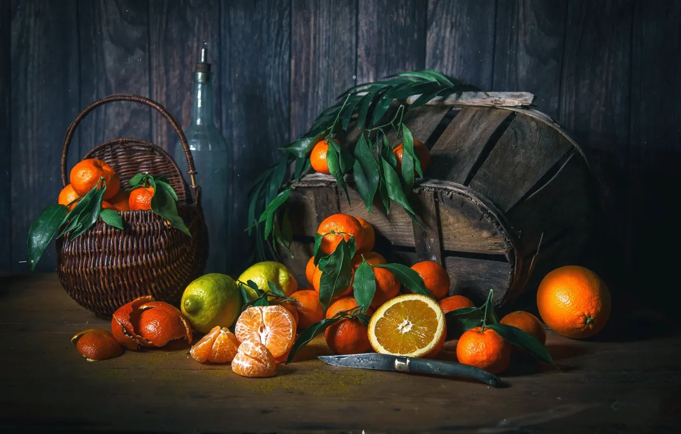 Photo wallpaper lemon, oranges, fruit, knife, citrus, tangerines