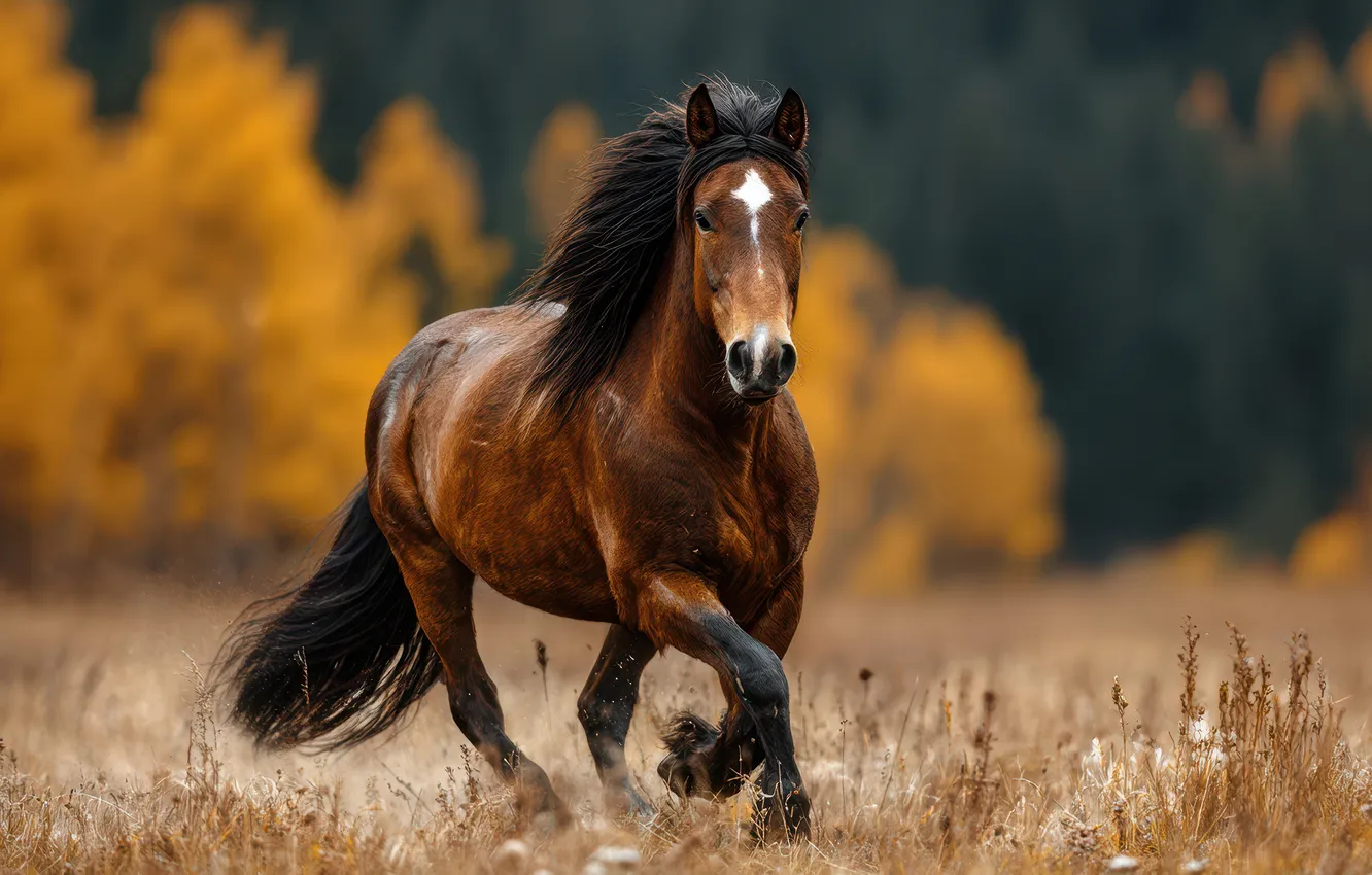 Photo wallpaper field, autumn, forest, grass, look, face, horse, horse