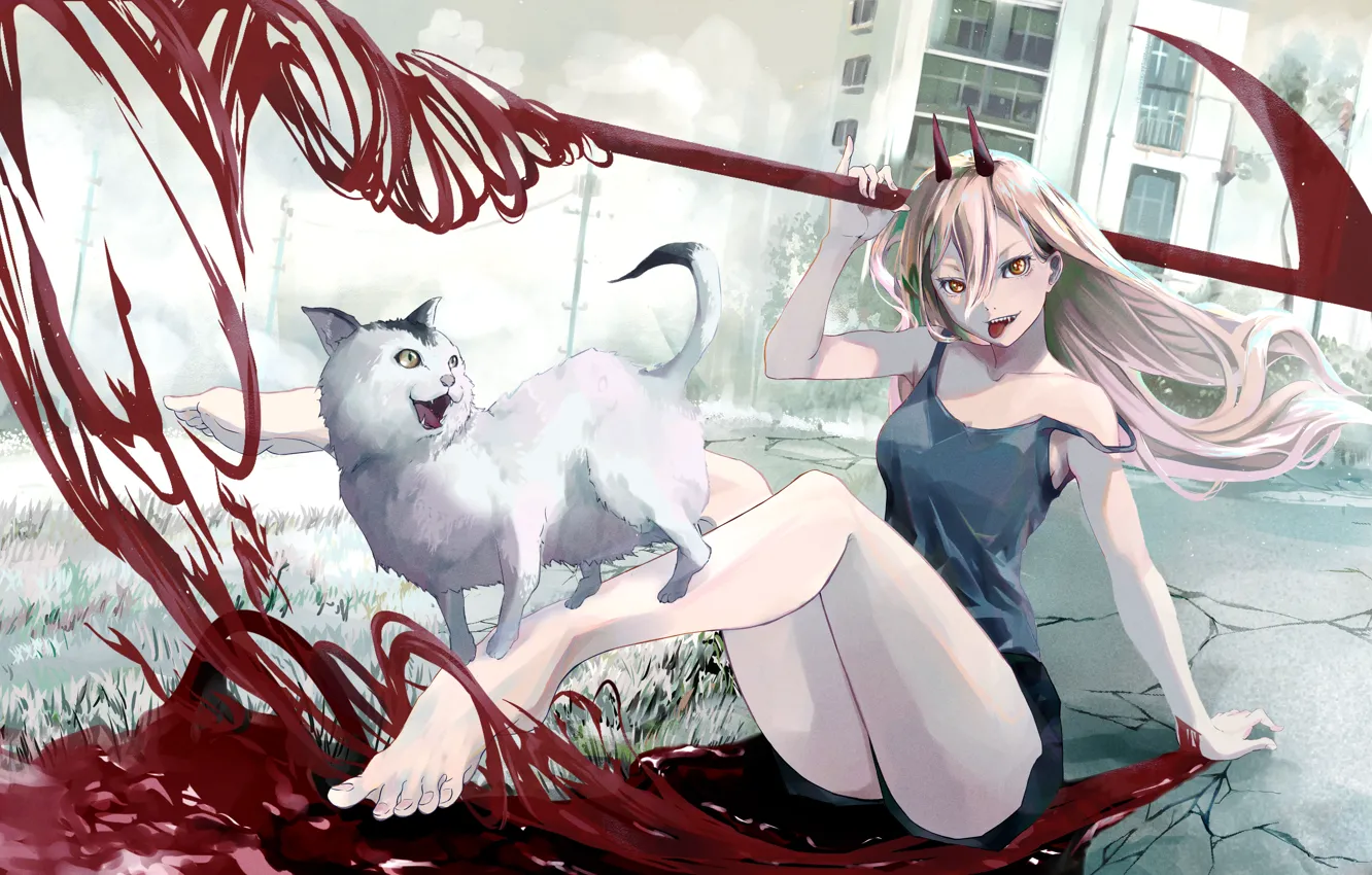Photo wallpaper cat, girl, blood, the demon, braid, power, Chainsaw Man, Meowy