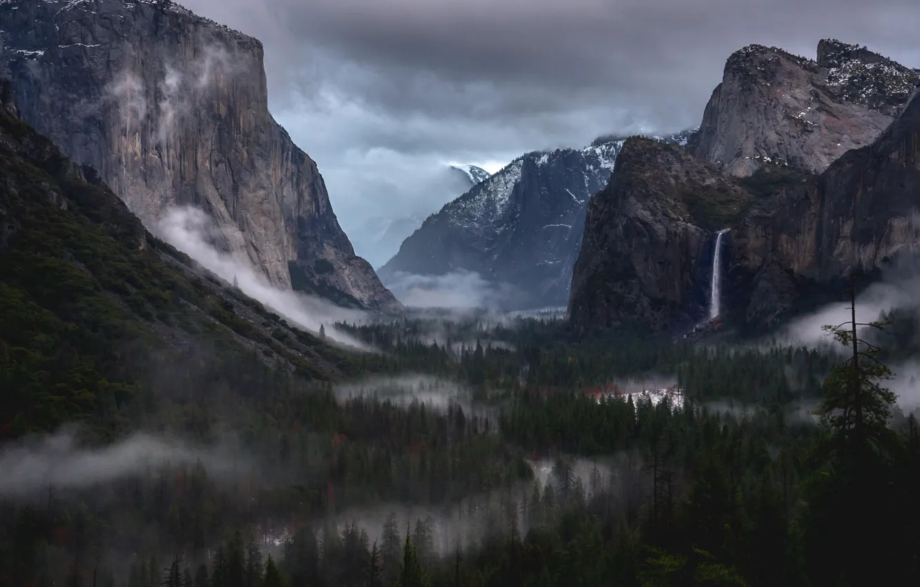 Photo wallpaper the sky, trees, mountains, clouds, nature, fog, rocks, USA