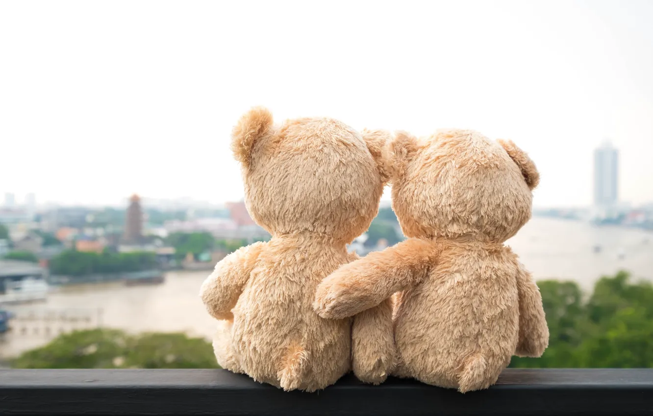 Photo wallpaper love, bridge, city, the city, river, toy, bear, pair