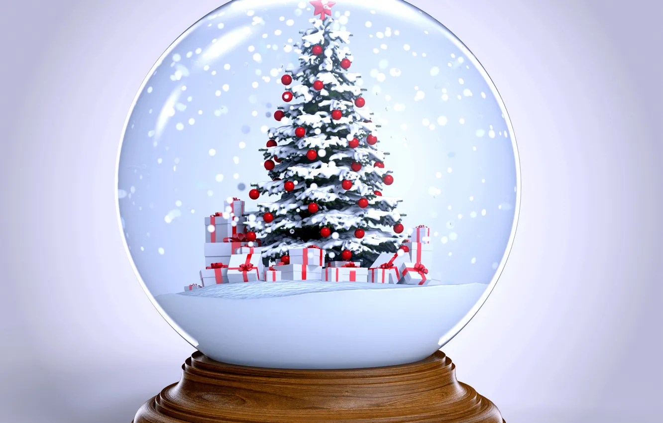 Photo wallpaper snow, tree, ball, New Year, Christmas, winter, snow, New Year