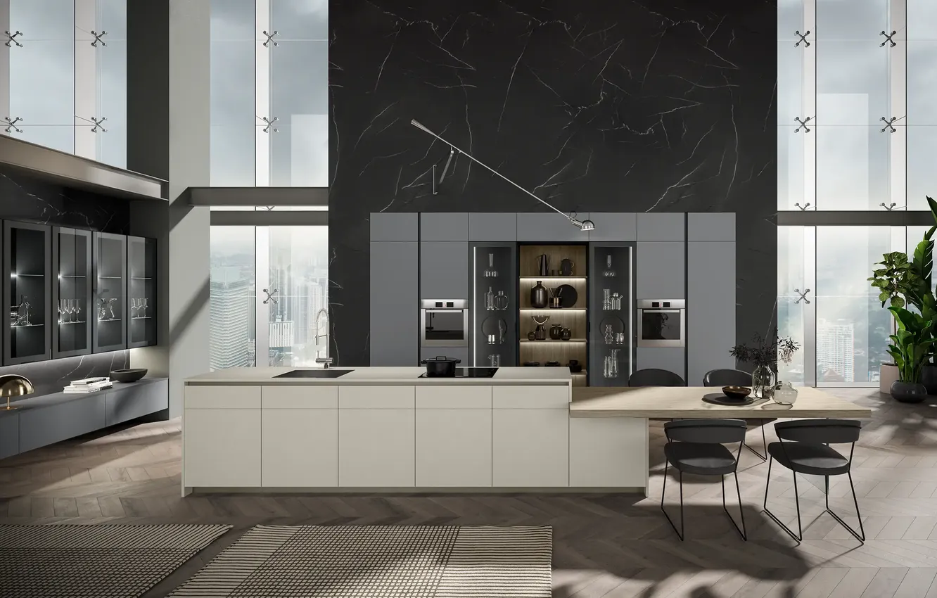 Photo wallpaper style, interior, kitchen, megapolis, apartments, skyscraper, dining room, dining area