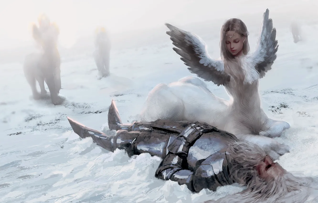 Photo wallpaper snow, wings, armor, being, Warrior