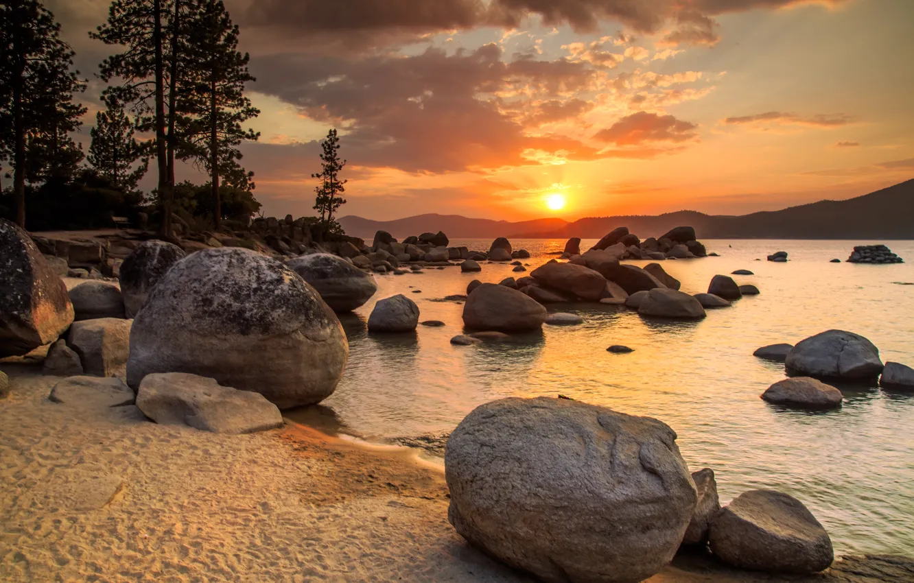 Photo wallpaper sand, landscape, sunset, lake, stones, shore